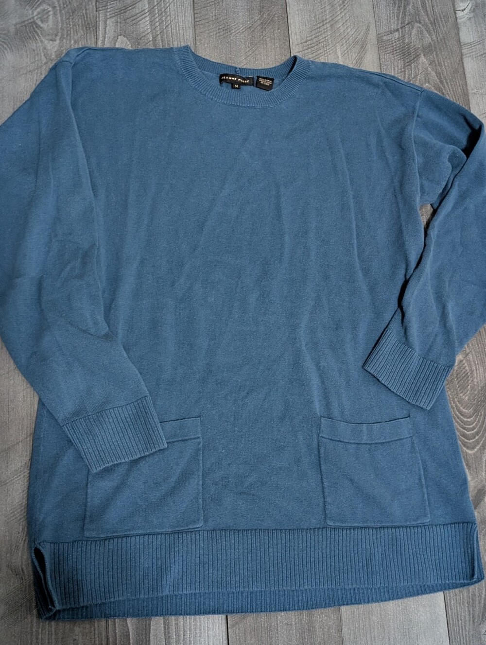 JEANNE PIERRE Women Teal Crewneck Sweater with Front Pockets Tunic Size M